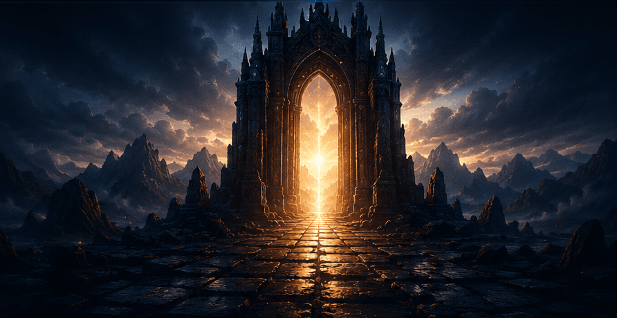 Cinematic gateway portal opening into an AI production studio